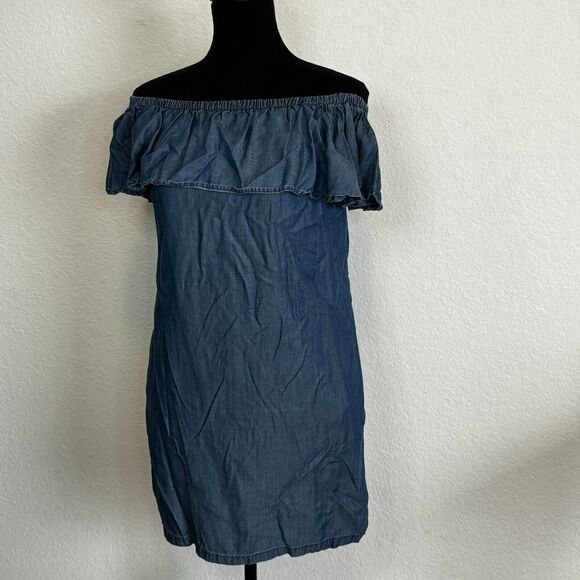 TOMMY‎ BAHAMA | Size Small Off Shoulder Flounce 100% Tencel Denim Dress Pockets - Picture 2 of 8